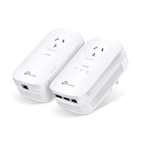 TP-Link TL-PA8033P KIT AV1300 Powerline Adapter with three gigabit ports and integrated power socket.